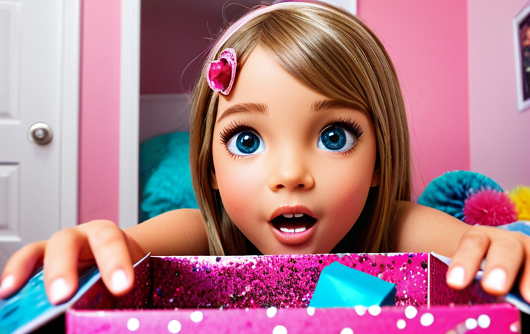 **
A vibrant and colorful unboxing scene of a LOL Surprise doll. Focus on the excitement and surprise in a young girl's eyes as she opens the layers, revealing accessories. Include sparkles and confetti to enhance the sense of fun and anticipation. The background should be a typical child's bedroom, slightly blurred to keep the focus on the doll and girl.
**