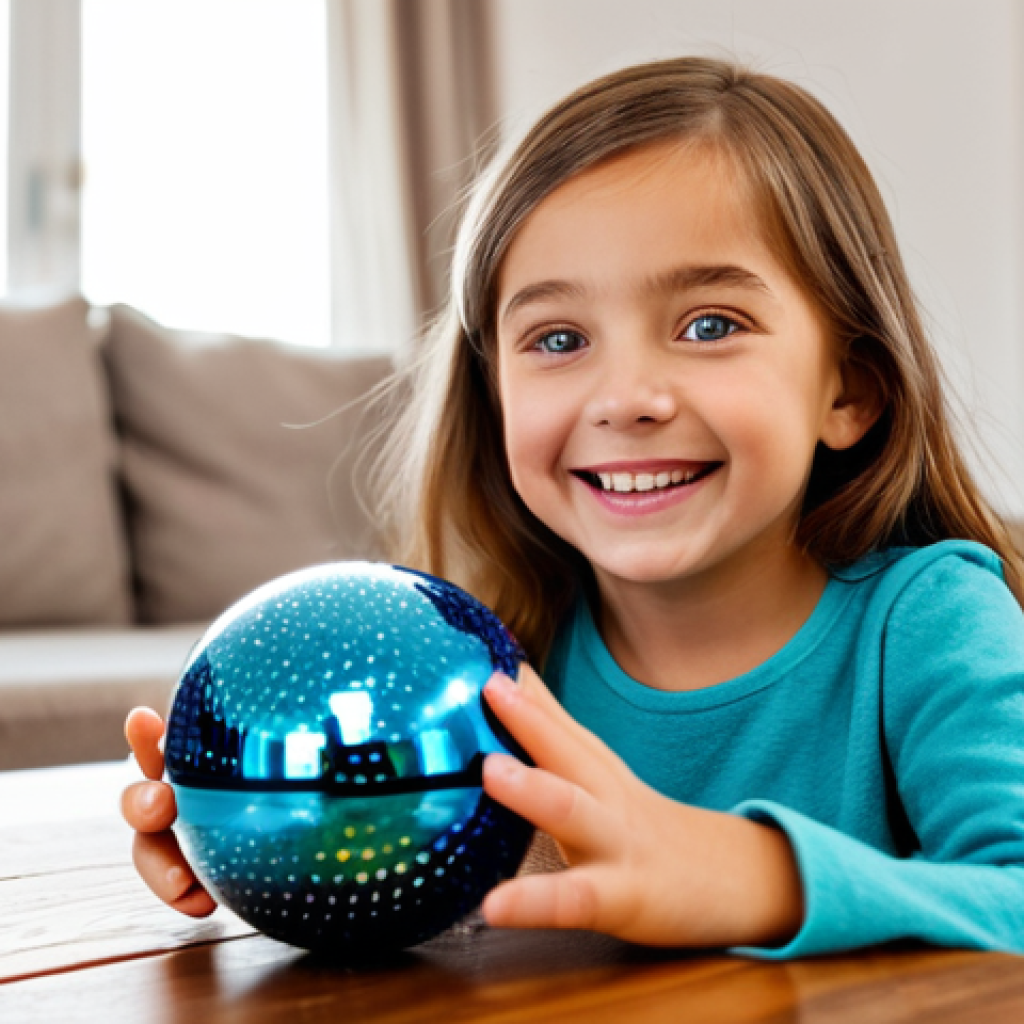 A joyful young child with sparkling eyes, in comfortable, family-friendly attire, excitedly opening a colorful, spherical mystery toy package on a clean, bright wooden table. An adult, fully clothed in modest casual wear, observes with a warm, approving smile in the background. The setting is a cozy, sunlit living room with soft natural light. Professional product photography, vibrant colors, shallow depth of field. safe for work, appropriate content, fully clothed, family-friendly, perfect anatomy, correct proportions, natural pose, well-formed hands, proper finger count, natural body proportions.