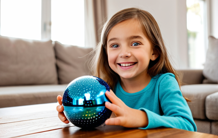 A joyful young child with sparkling eyes, in comfortable, family-friendly attire, excitedly opening a colorful, spherical mystery toy package on a clean, bright wooden table. An adult, fully clothed in modest casual wear, observes with a warm, approving smile in the background. The setting is a cozy, sunlit living room with soft natural light. Professional product photography, vibrant colors, shallow depth of field. safe for work, appropriate content, fully clothed, family-friendly, perfect anatomy, correct proportions, natural pose, well-formed hands, proper finger count, natural body proportions.