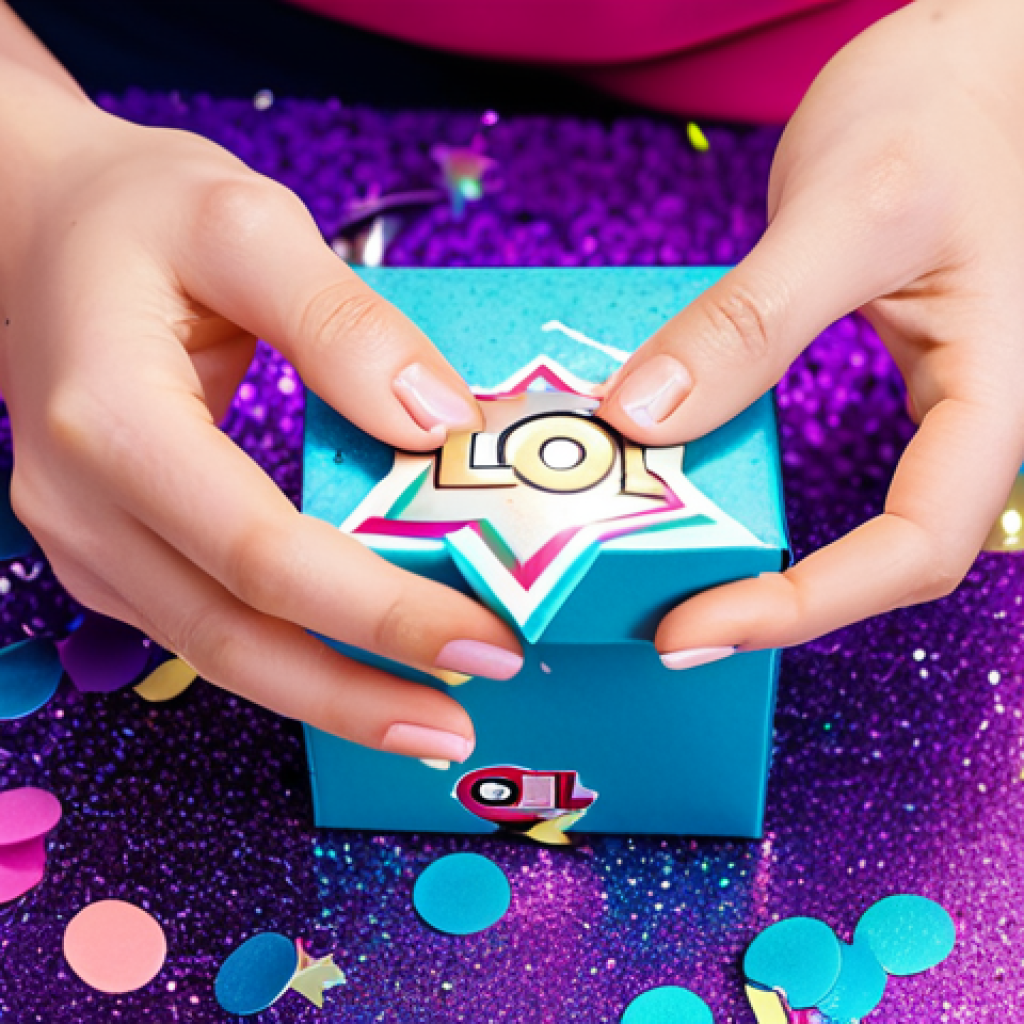 **Unboxing Magic:** A close-up shot of hands carefully opening a LOL Surprise doll, accessories sparkling, surrounded by colorful confetti, bright lighting, studio shot, safe for work, appropriate content, fully clothed, modest, professional.