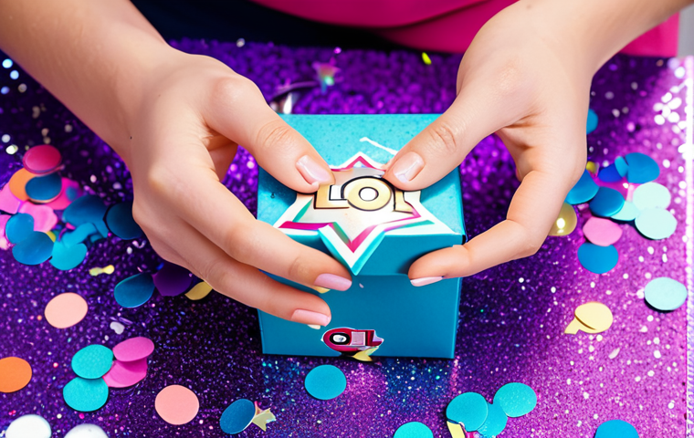 **Unboxing Magic:** A close-up shot of hands carefully opening a LOL Surprise doll, accessories sparkling, surrounded by colorful confetti, bright lighting, studio shot, safe for work, appropriate content, fully clothed, modest, professional.