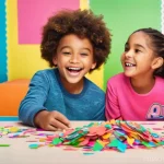 LOL 서프라이즈의 이모티콘과 굿즈 소개 - **Prompt:** A vibrant and joyful scene featuring two diverse children, a boy and a girl, approximate...