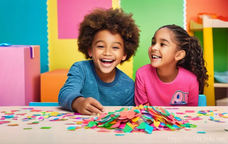 LOL 서프라이즈의 이모티콘과 굿즈 소개 - **Prompt:** A vibrant and joyful scene featuring two diverse children, a boy and a girl, approximate...